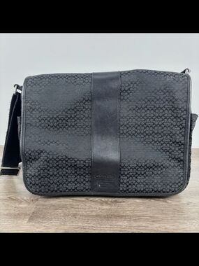 Coach Black Signature Jacquard Messenger Bag with Center Leather Panel
